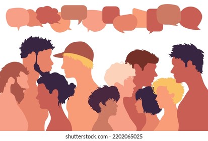 Kommunikationstext. Sprecht eine Blase. Menschen, die über soziale Netzwerke sprechen und Ideen austauschen. Vektorgrafik multiethnische Menschen sprechen in einem Profil.