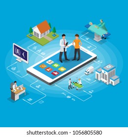 Communication and therapeutic doctor patient relationship in clinical medical practice isometric icons collection abstract isolated, Concept icon doctor and patient on mobile phone vector illustration