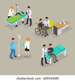 Communication and therapeutic doctor patient relationship in clinical medical practice isometric icons collection abstract isolated vector illustration