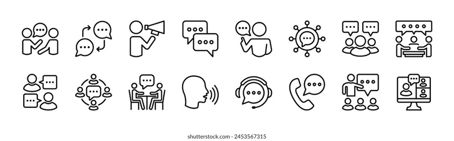 Communication thin line icon set. Containing discussion, speech bubble, talk, chat, meeting, advice, opinion, voice, phone, announce, campaign, network, social media, learning. Vector illustration