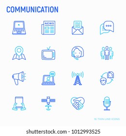 Communication thin line icons set: e-mail, newspaper, letter, chat, tv, support, video call, microphone. Modern vector illustration.