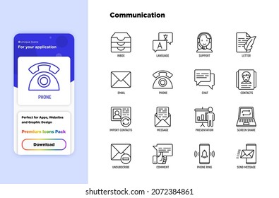 Communication thin line icons set: email, phone, chat, contacts, comment, inbox, translator, presentation, message, screen share, support, letter, unsubscribe. Modern vector illustration.