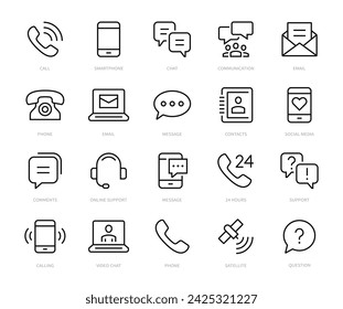 Communication thin line icons set. communication, phone, computer, smartphone, mail, chat, contact icon. Vector