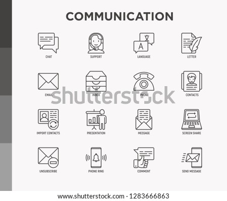 Communication thin line icons set: email, phone, chat, contacts, comment, inbox, translator,presentation, message, screen share, support, letter, unsubscribe. Modern vector illustration.