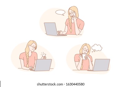 Communication, thinking, online payment set concept. Woman makes online payment on internet. Girl has job interview calling number on visiting card. Businesswoman waits for answer. Simple flat vector