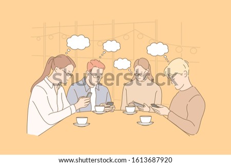 Communication, thought bubble, addiction, business, teamwork concept. Young people have business meeting. Teamwork teenagers prefer communicate online. Addiction to social media is desease flat vector