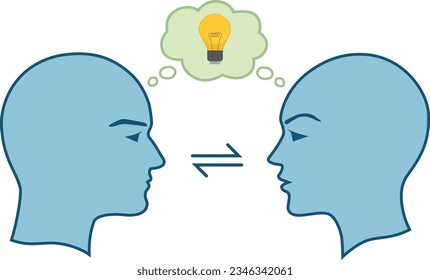 Communication and thought exchange. Talking head and exchange of ideas.