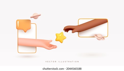 Communication through electronic gadgets. Realistic 3d design Mobile phone, modern tablet. Creative concept idea social networks, hands outstretched connect. Vector illustration