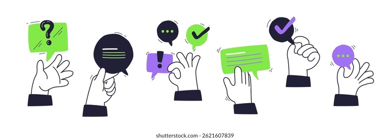 Communication through hands and speech bubbles with icons like checkmarks and question marks. Playful style