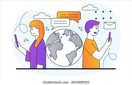 Communication through social networks concept. Man and woman on different sides of planet having dialogue in application. Send message. Coronavirus pandemic. Cartoon doodle flat vector illustration