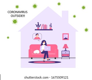 Communication through social networks without leaving your home during an outbreak of the COVID-19 virus. People communicate over the Internet from home to prevent the spread of the virus. Stay home.