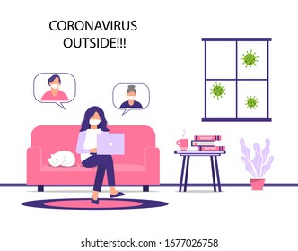 Communication through social networks without leaving your home during an outbreak of the COVID-19 virus. The girl communicates with relatives via the Internet. Prevention of the spread of the virus.