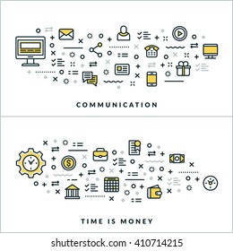 Communication and Time is Money. Vector Flat Thin Line Illustration for Website Banner or Header. Flat Line Icons and Geometric Design Elements