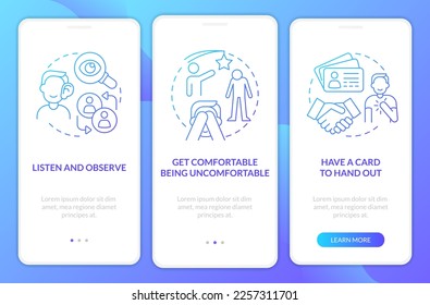 Communication tips for introverts blue gradient onboarding mobile app screen. Walkthrough 3 steps graphic instructions with linear concepts. UI, UX, GUI template. Myriad Pro-Bold, Regular fonts used