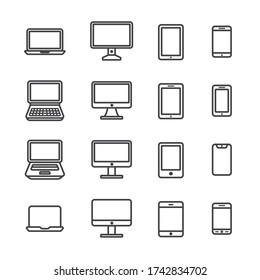 Communication tool,computer,notebook,laptop,tablet,phone icon set/Flat icon set design, Out line vector icon set for design.