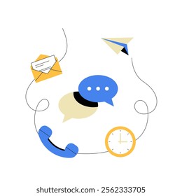 Communication Tools And Messaging Icons In Flat Vector Illustration Symbolizing Remote Work, Digital Connectivity, And Customer Support, Isolated On White Background.
