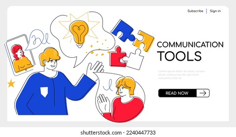 Communication tools - modern colorful flat design style web banner with line elements, copy space for text. Remote conversation using gadgets. Discussion, teamwork, puzzle, joint problem solving idea