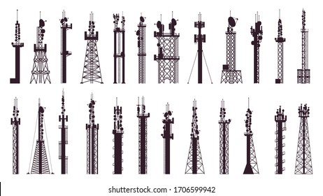 Communication tower antenna. Broadcast technology TV, radio signal station. Wireless cellular tower vector illustration icons set. Broadcast equipment, wireless technology towering for internet