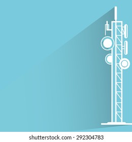 communication tower and antennas in blue background, shadow and flat theme