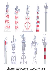 Communication tower. Cellular broadcasting tv wireless radio antena satellite construction vector pictures in cartoon style