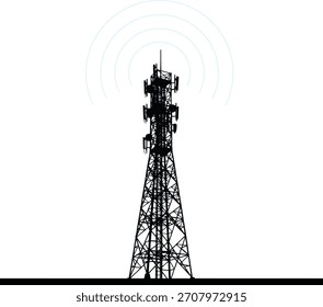 La torre de comunicación emite señales digitales en un entorno futurista oscuro que representa la tecnología moderna y la conectividad inalámbrica para transmitir información a través de las redes.