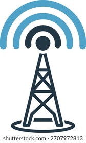 Communication tower emits radio waves in blue against a black background representing wireless technology broadcasting signals and internet connectivity for modern global telecommunications providing