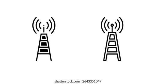 Conjunto de iconos de torre de comunicación que representa señales de radio y transmisión inalámbrica.