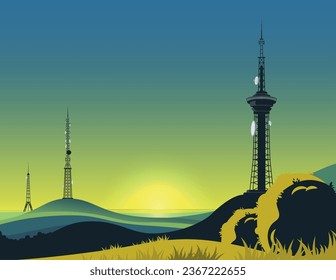 Communication tower landscape composition with sunset scenery clear sky and modern telecom towers on distant hills vector illustration