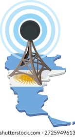 Una torre de comunicación en un mapa de Argentina con colores de bandera nacional. Los círculos concéntricos azules simbolizan la transmisión de la señal y la conectividad (recortada)