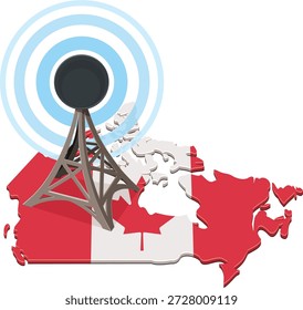 Una torre de comunicación en un mapa de Canadá con colores de bandera nacional. Los círculos concéntricos azules simbolizan la transmisión de señales y la conectividad. (cortado)