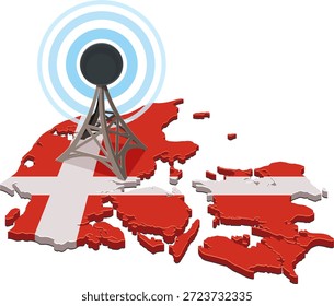 Una torre de comunicación en un mapa de Dinamarca con colores de bandera nacional. Los círculos concéntricos azules simbolizan la transmisión de señales y la conectividad. (cortado)