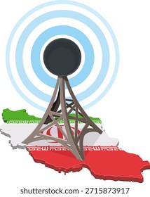 Ein Kommunikationsturm auf einer Landkarte des Iran mit seinen Nationalflaggenfarben (Grün, Weiß, Rot). Blaue konzentrische Kreise stellen die Signalübertragung und Netzwerkkonnektivität dar. (ausgeschnitten)