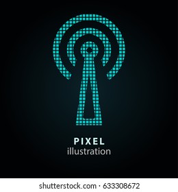 Communication tower - pixel icon. Vector Illustration. Design logo element. Isolated on black background. It is easy to change to any color.