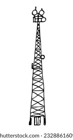 Kommunikationsturm, Radioantenne, Internet. Einfache, schwarze Rahmenzeichnung, Vektorgrafik. Skizze mit Tinte.