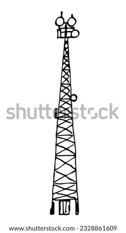 Communication tower, radio antenna, internet. Simple black outline vector drawing. Sketch in ink.