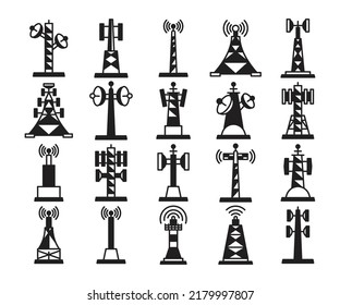 communication tower and radio mast icons set