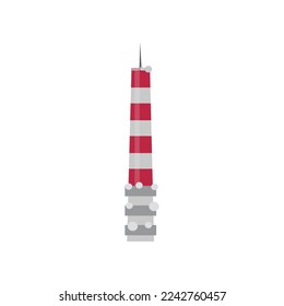 Torre de comunicación con espín. Ilustración de la torre de radio roja y blanca. Concepto de telecomunicaciones