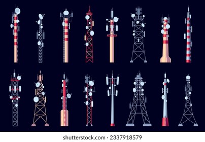 Kommunikationsturm. Telecom-Relais-Antenne mit Handysignal, Handysignal, Internetanschluss, mobiler Breitbandanschluss. Vektorgrafik des Antennenturms drahtlos