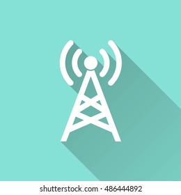 Communication tower vector icon with long shadow. White illustration isolated on green background for graphic and web design.