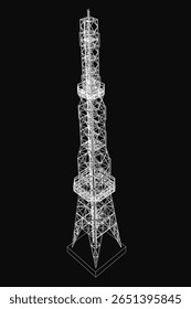 Uma ilustração vetorial de torre de comunicação feita de linhas brancas limpas em um fundo preto, apresentando um projeto detalhado de planta 3D com curvas intrincadas e estrutura técnica.
