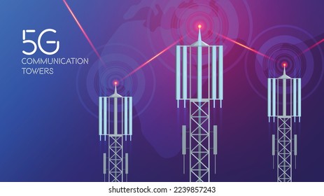 Composición de torres de comunicación 5g con fondo de ondas de radio y texto con imágenes de torres celulares ilustraciones vectoriales