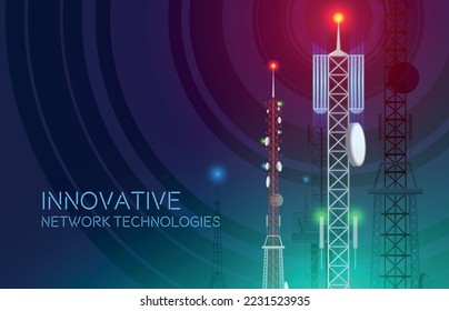 Communication towers background with editable text and view of cellular towers with spreading radio wave signal vector illustration