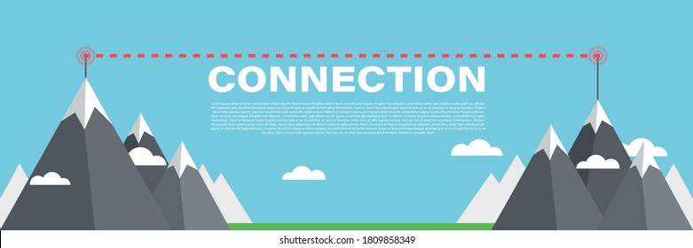 Die Kommunikation stürzt auf die Berge. Drahtlose Antennen zellulärer WLAN-Sender, der einen Internetkanal-Empfänger sendet, Vektorgrafik-Hintergrund. Illustration des Antennensignalgebers