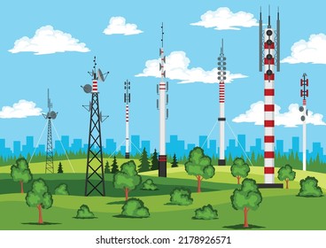 Communication towers on nature landscape. Wireless antennas cellular wifi radio station broadcasting internet channel receiver with on blue sky