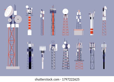 Communication Towers. Satellite Cellular Antenna, Wireless Mobile Telecommunication Equipment. Network Or Radio Radar Vector Illustration