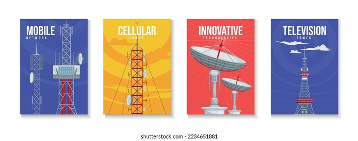 Communication towers set of four isolated vertical posters with editable text and cellular antennas with waves vector illustration