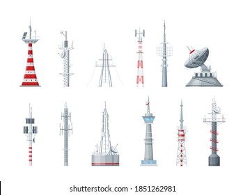 Torres de comunicación puestas. Mástiles inalámbricos de radio y torres de telecomunicaciones, antena de radio tv. Antena satelital de comunicación, vector aislado de transmisión de televisión inalámbrica