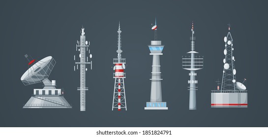 Communication towers set. Radio wireless masts and telecommunication towers, radio tv antenna. Communication satellite antenna, wireless television broadcast isolated vector