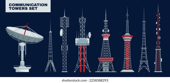 Kommunikationstürme mit Text und isolierten Bildern von Telekom-Türmen mit unterschiedlichem Design und Antennen, Vektorgrafik