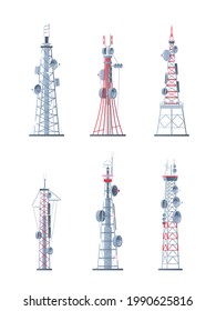 Communication towers. Technological modern network wireless systems telecommunication smart buildings garish vector pictures set isolated
